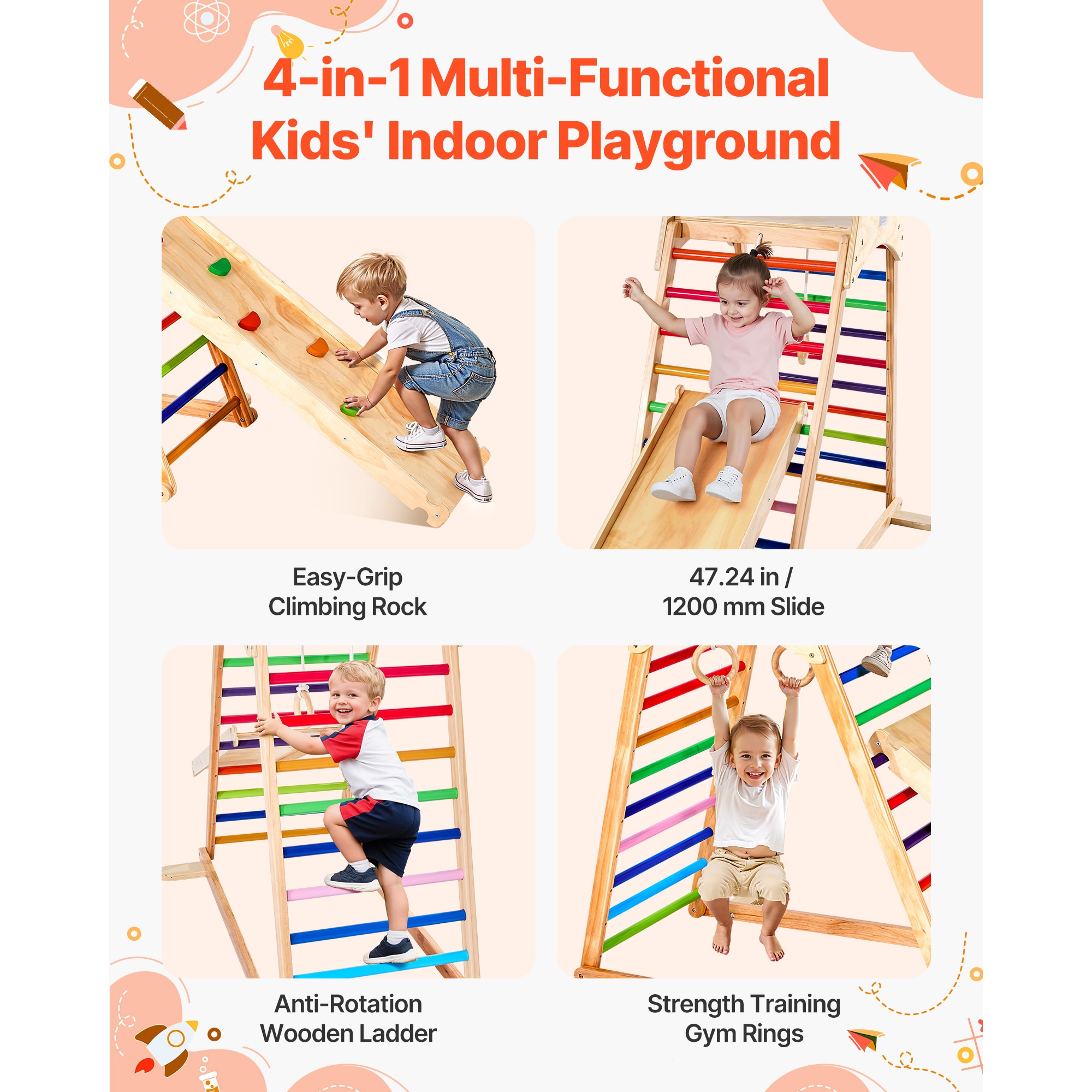 Wooden Indoor Playground Playset 4 In 1 Jungle Gym For Kids_voghion.com